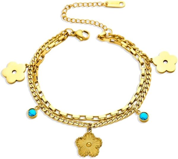 Cuff 18k Gold Plated Women Stainless Steel Fashion Jewelry Chain Bracelet Double-Layer Four Leaf Clover