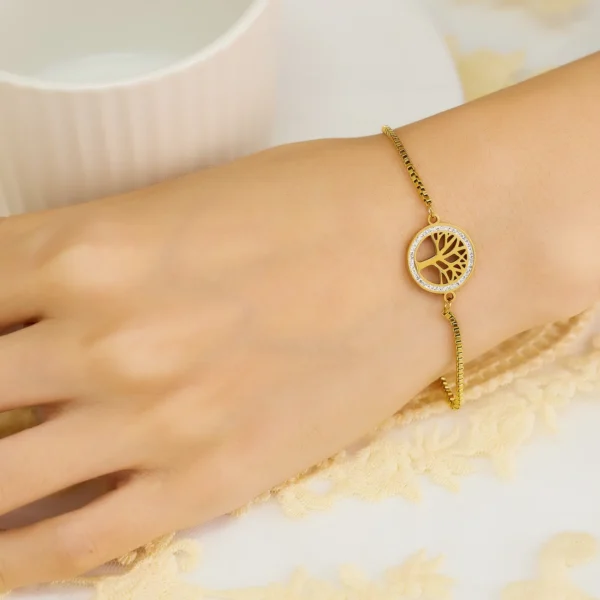 Cuff 18k Gold Plated Women Stainless Steel Fashion Jewelry Chain Bracelet Tree Of Life Link Circle Zircon Hollow - Image 2