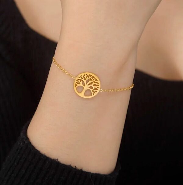 Cuff 18k Gold Plated Women Stainless Steel Fashion Jewelry Chain Bracelet Tree Of Life Link Circle Zircon Hollow - Image 3